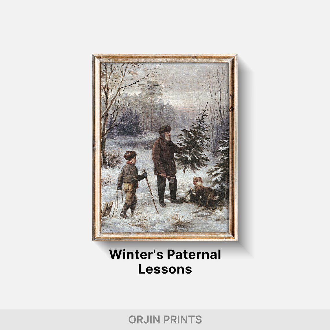 Christmas Tree Hunt Vintage Winter Scene Man Boy Dog Snowy Poster - Image 2