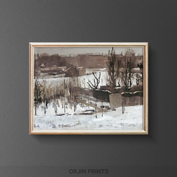 Snowy Winter City Park Bare Trees Snow Covered Ground Vintage Art Poster