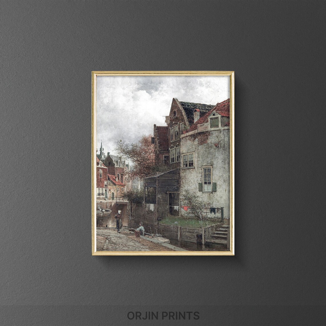 Dutch Canal Street Old Town Oil Painting Historic Cityscape Wall Art