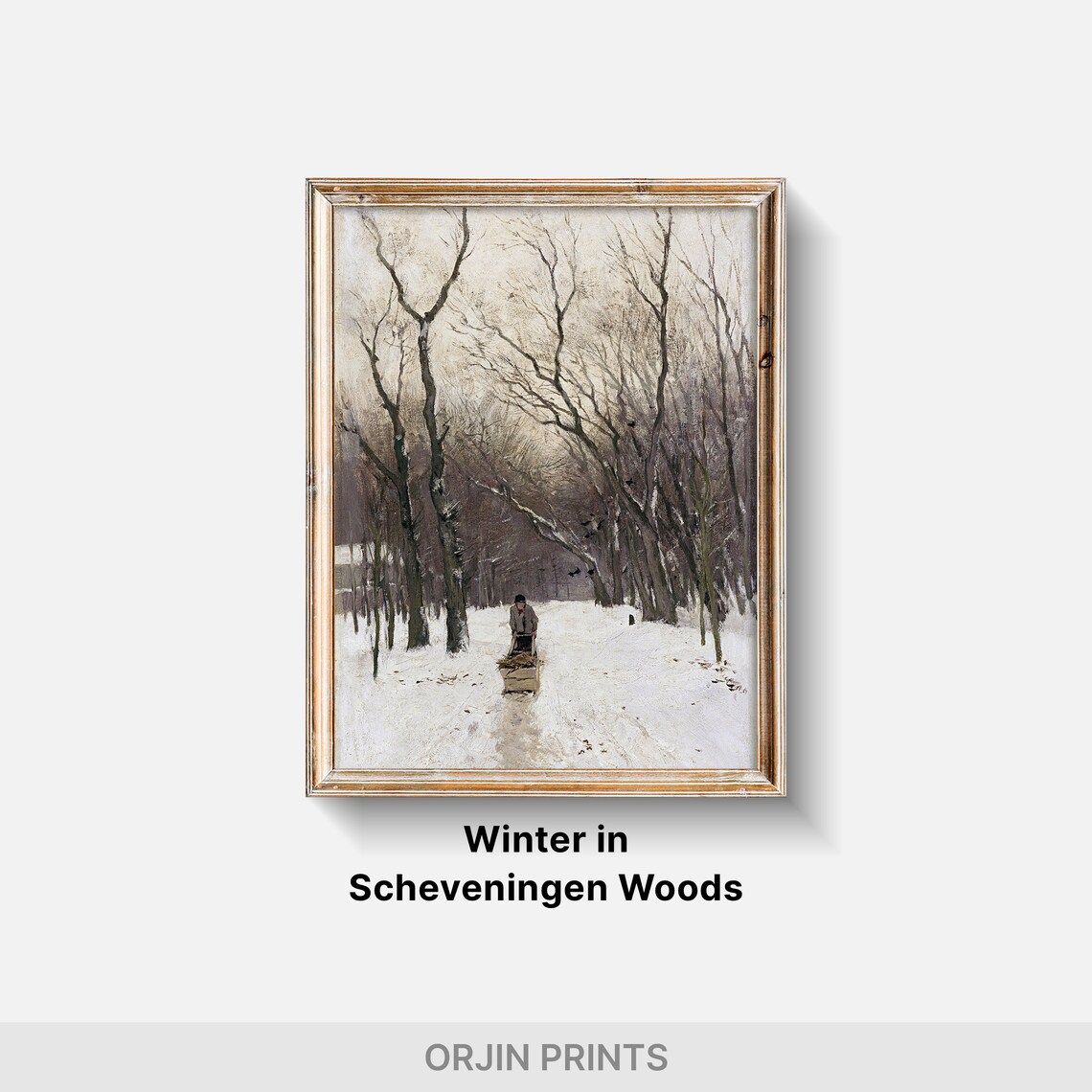 Snowy Woodland Path with Sled Figure Vintage Winter Forest Painting Poster - Image 2