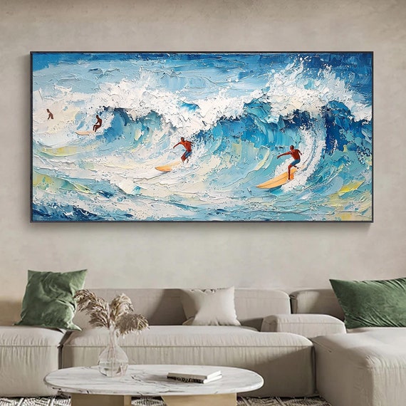 Original Abstract Surf Oil Painting Blue Ocean Waves Wall Art Custom Personalized Surfing Art Painting Sofa Background Home Decor