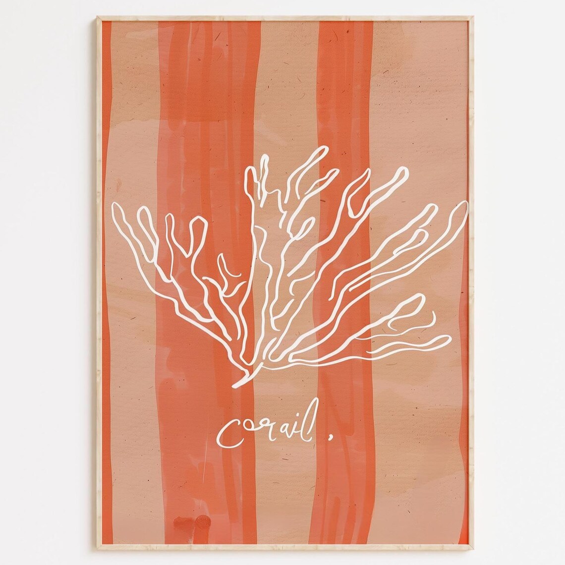 Coral Branch Line Art On Terracotta Striped Background Coastal Poster