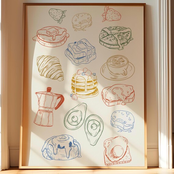 Brunch Food Line Art Pancakes Waffles Coffee Kitchen Decor Poster