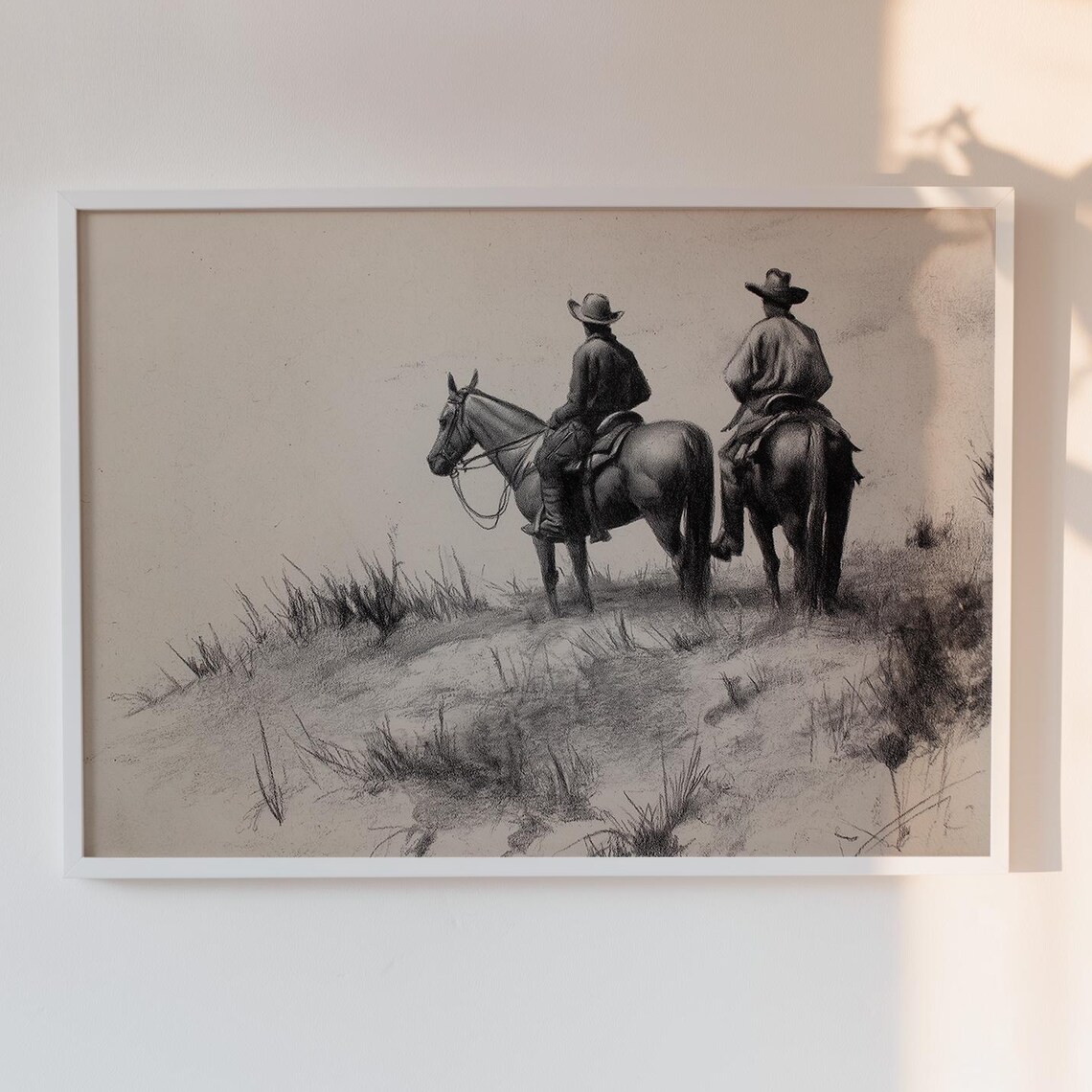 Two Cowboys On Horseback Charcoal Sketch Vintage Western Poster