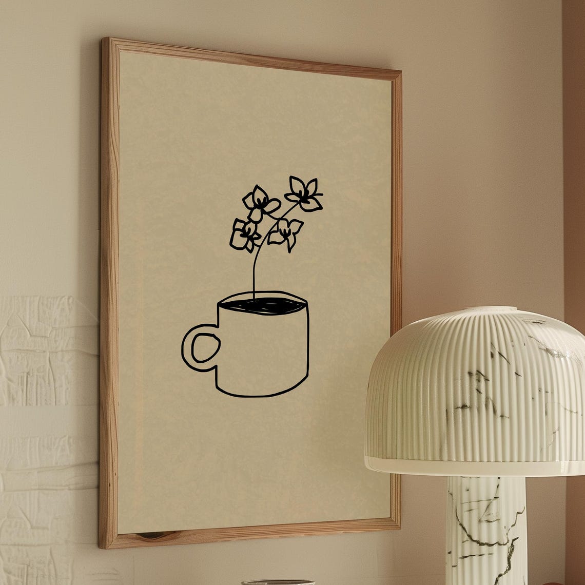 Minimalist Coffee Cup With Flower Line Drawing Neutral Art Print