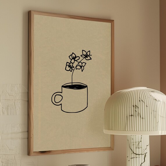 Coffee Cup Flower Print Minimalist Neutral Kitchen Decor Digital Download
