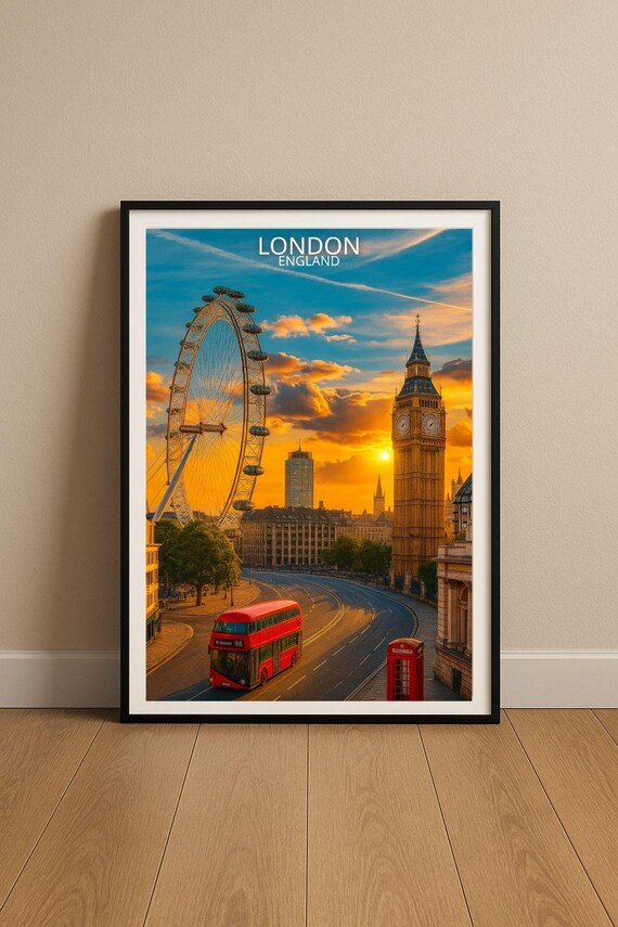 London England Big Ben London Eye Red Bus Golden Sunset Poster