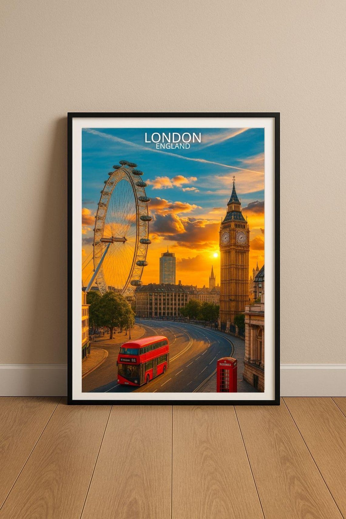 London England Big Ben London Eye Red Bus Golden Sunset Poster
