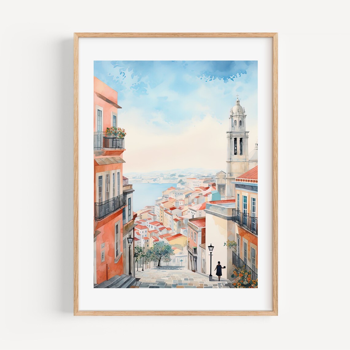 Lisbon Portugal Old Town Hillside Street Sea View Watercolor Poster