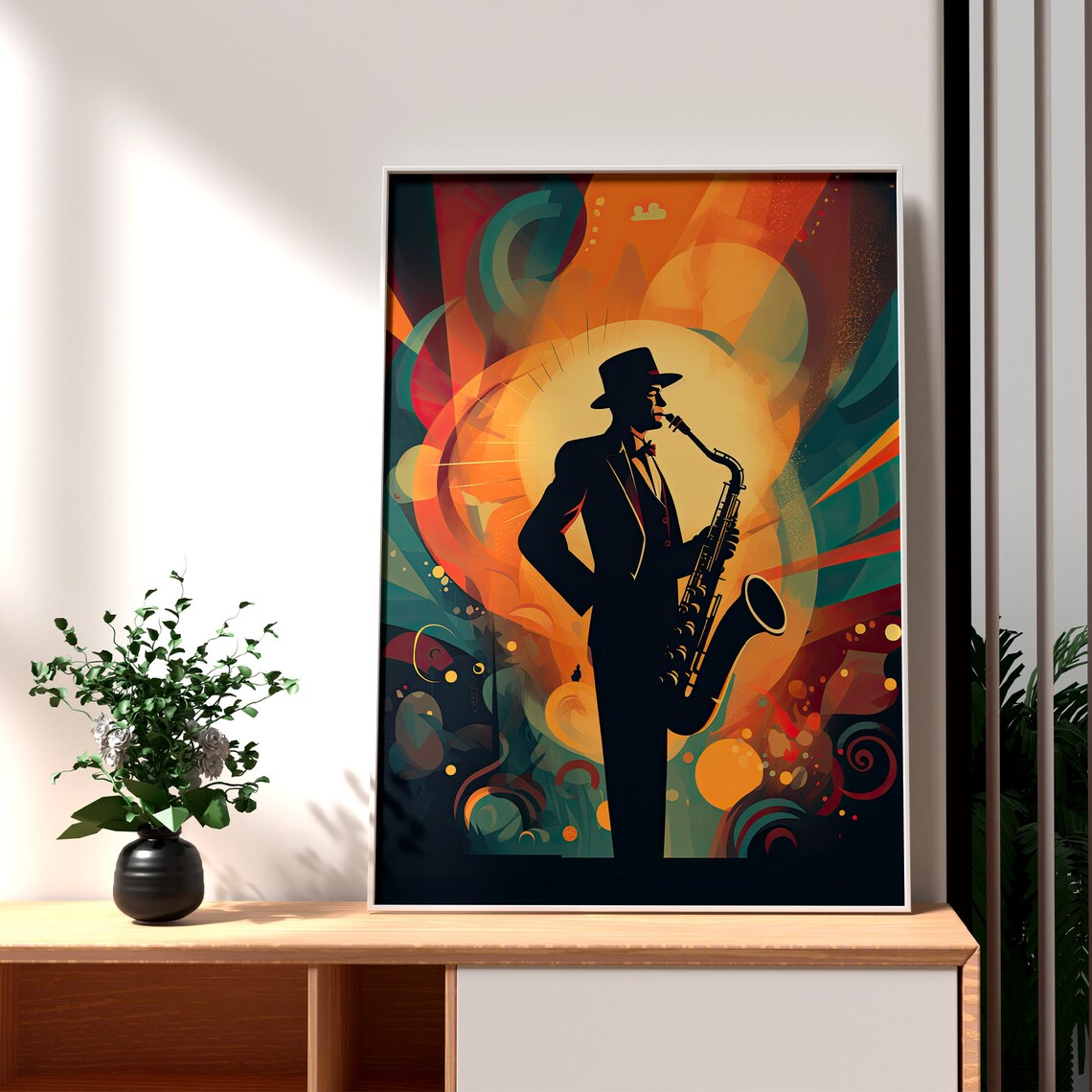 Jazz Saxophonist Silhouette Art Deco Warm Colors Music Poster - Image 3