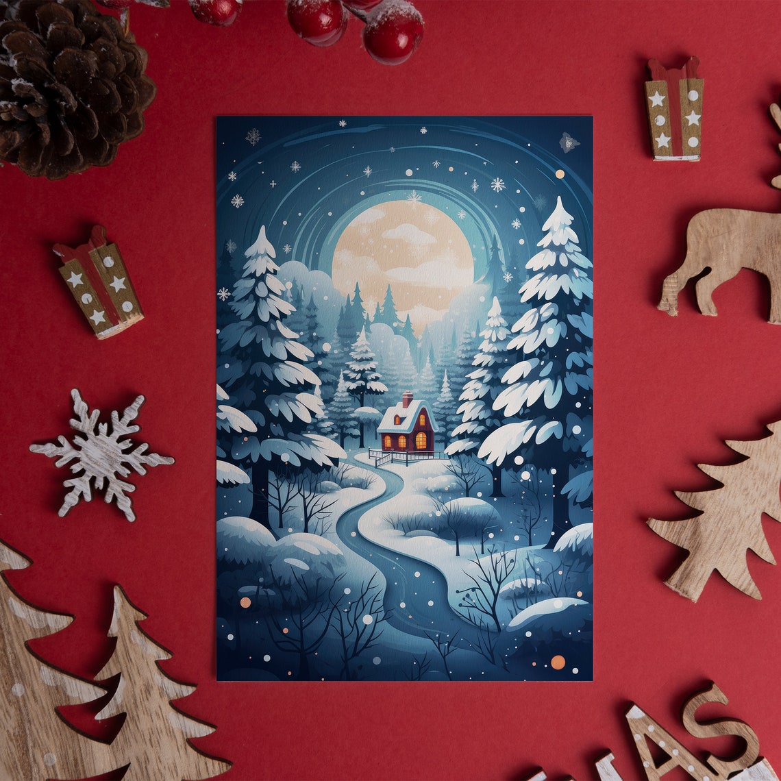 Cozy First Snow Moonlit Cabin Winter Forest Night Scene Poster - Image 3