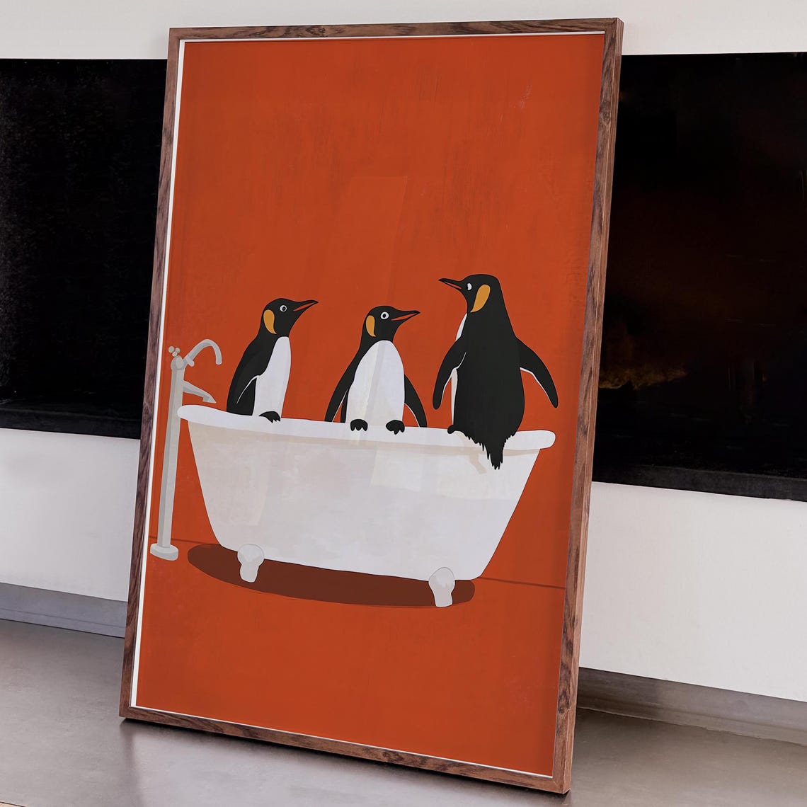 Penguins In Bathtub Funny King Penguin Bath Orange Bathroom Poster - Image 3