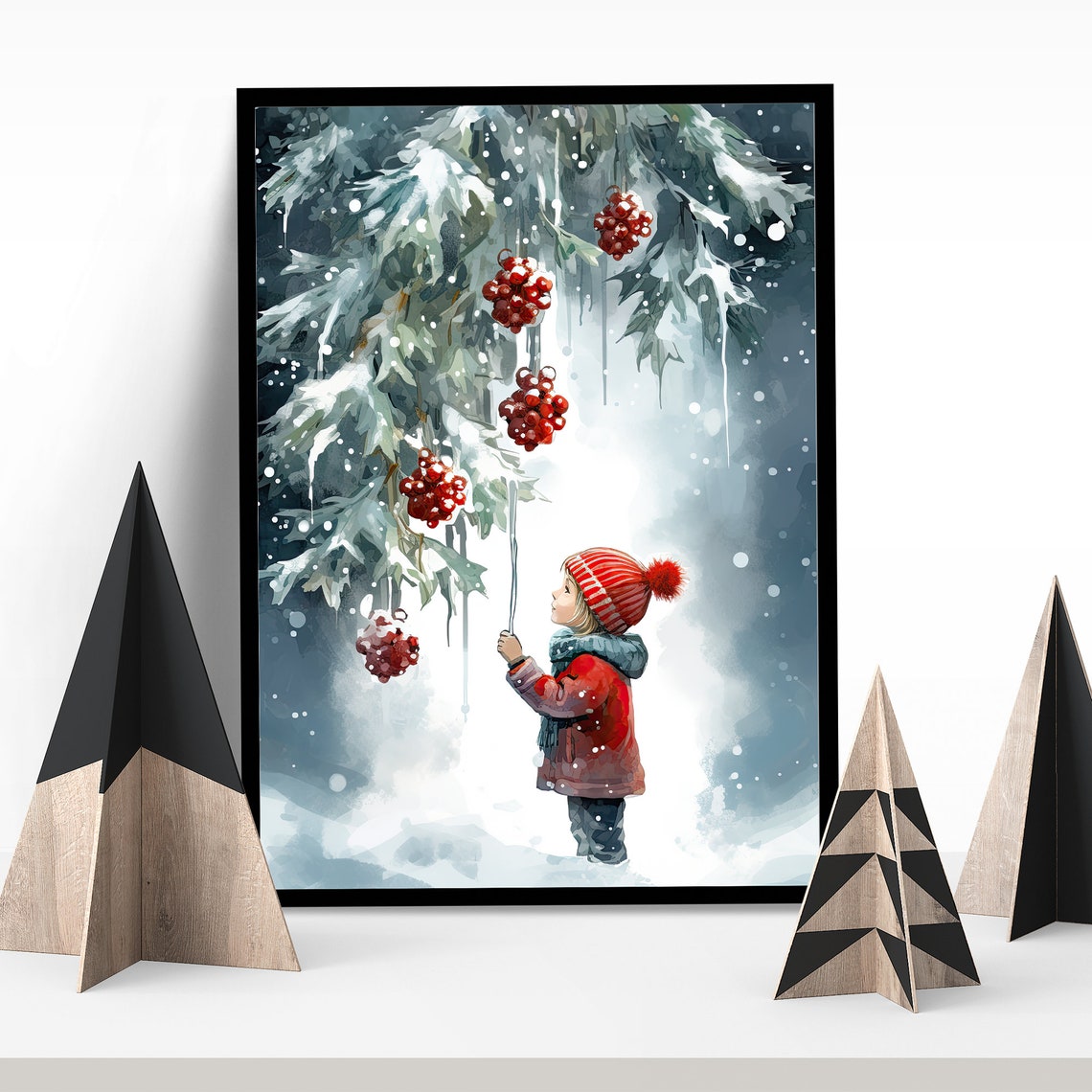 Snowy Winter Child Hanging Red Berry Ornaments Christmas Poster - Image 6