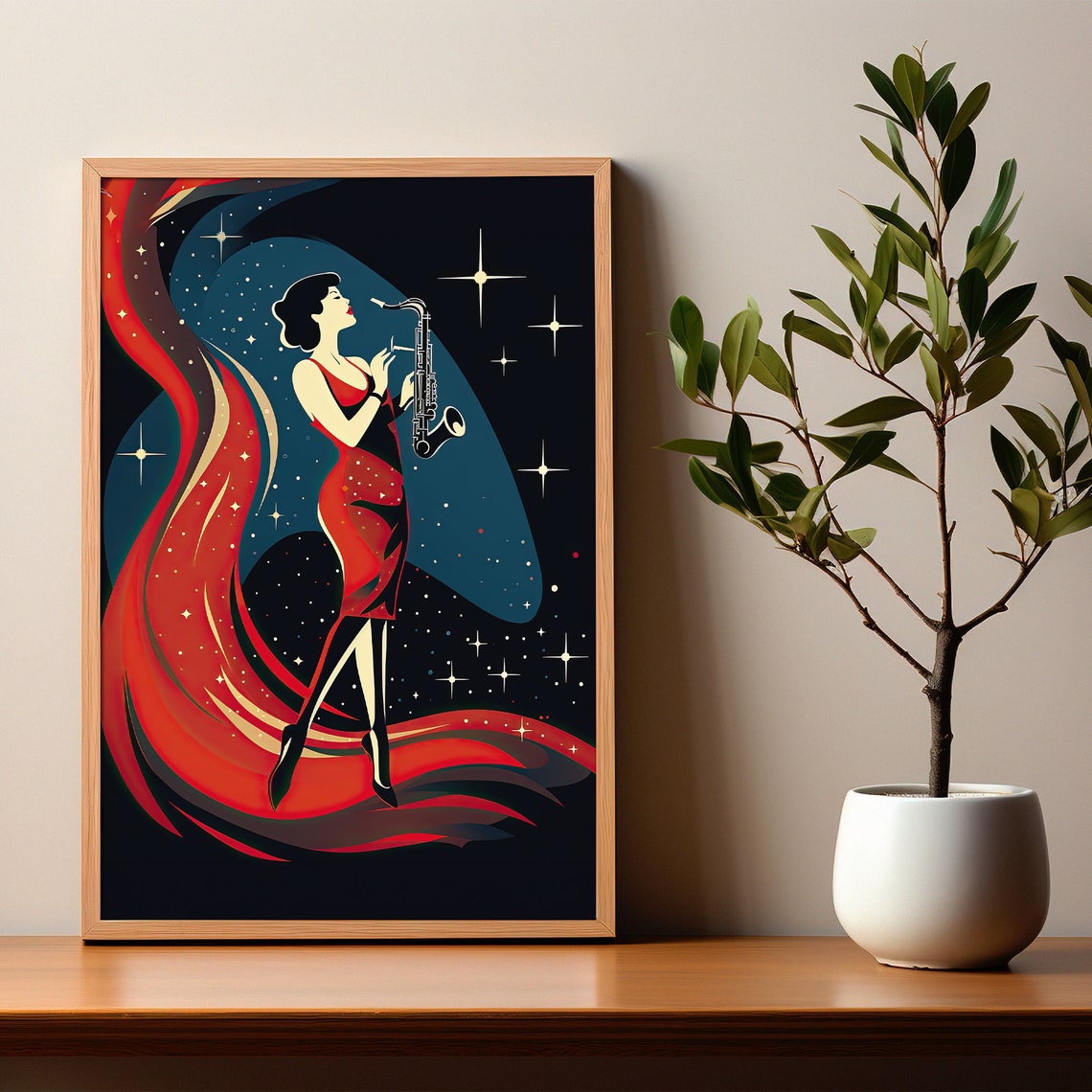 Jazz Saxophone Woman Red Dress Starry Night Art Deco Style Poster - Image 2