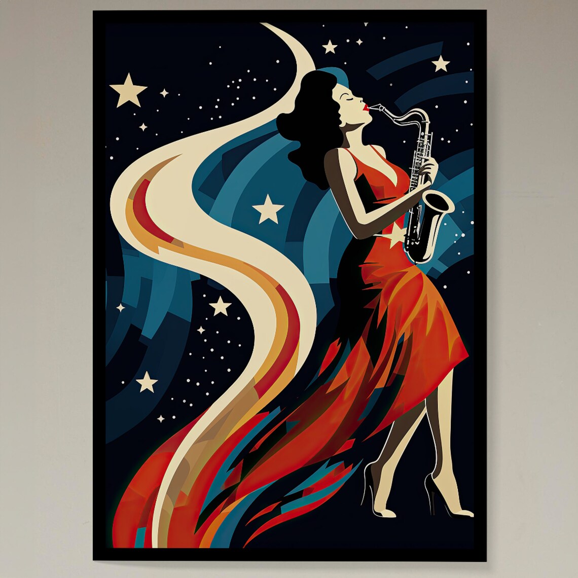 Saxophone Lady Red Dress Starry Night Art Deco Jazz Music Poster - Image 5