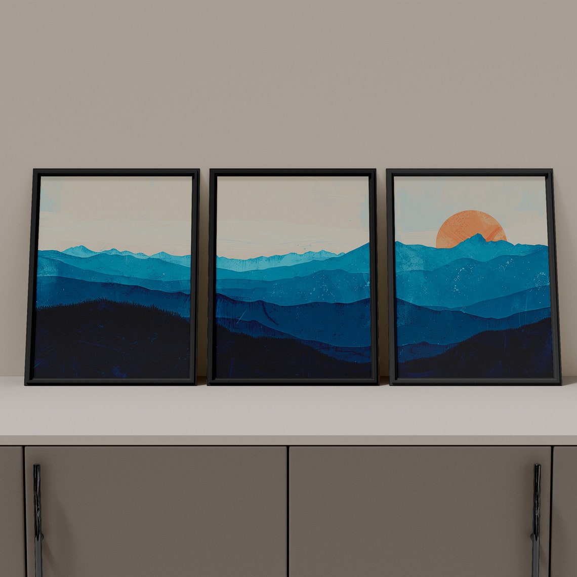 Blue Mountains Sunset Modern Three Piece Abstract Landscape Art Poster - Image 6