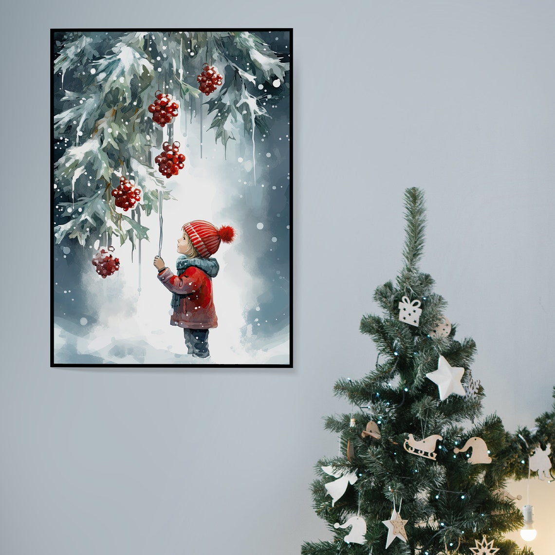 Snowy Winter Child Hanging Red Berry Ornaments Christmas Poster - Image 2