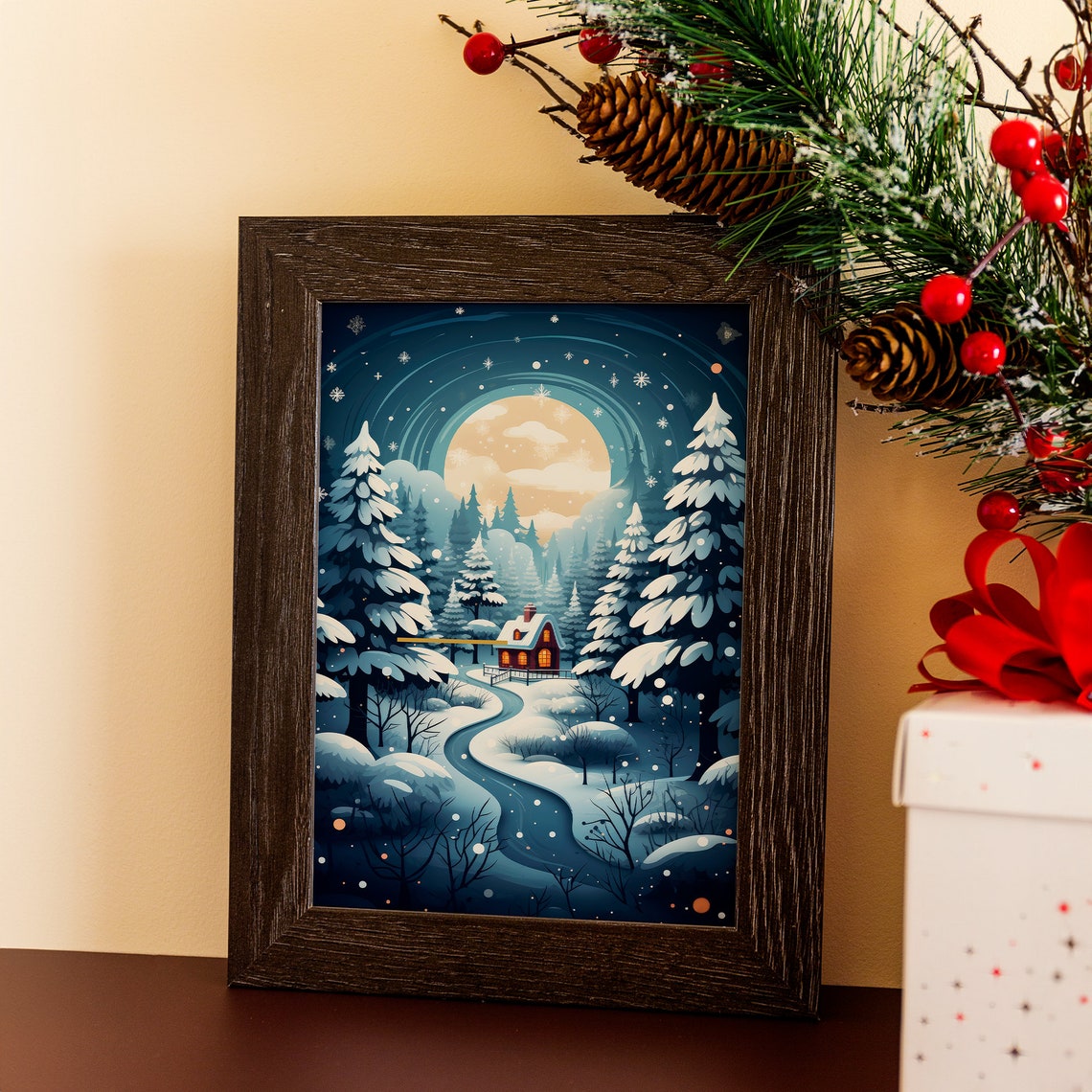 Cozy First Snow Moonlit Cabin Winter Forest Night Scene Poster - Image 5