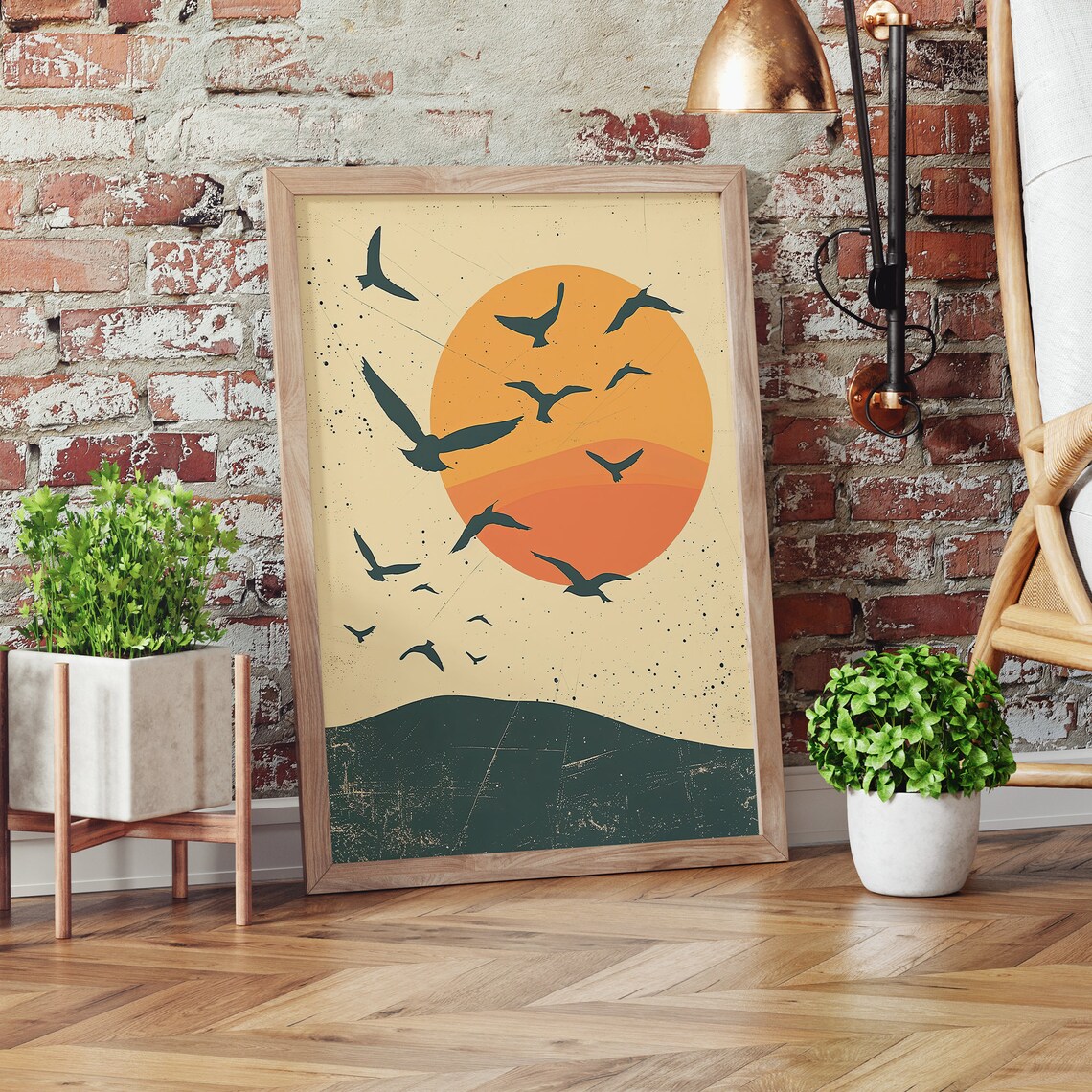Flock Of Birds Flying Over Large Orange Sun Sunset Minimal Poster - Image 4