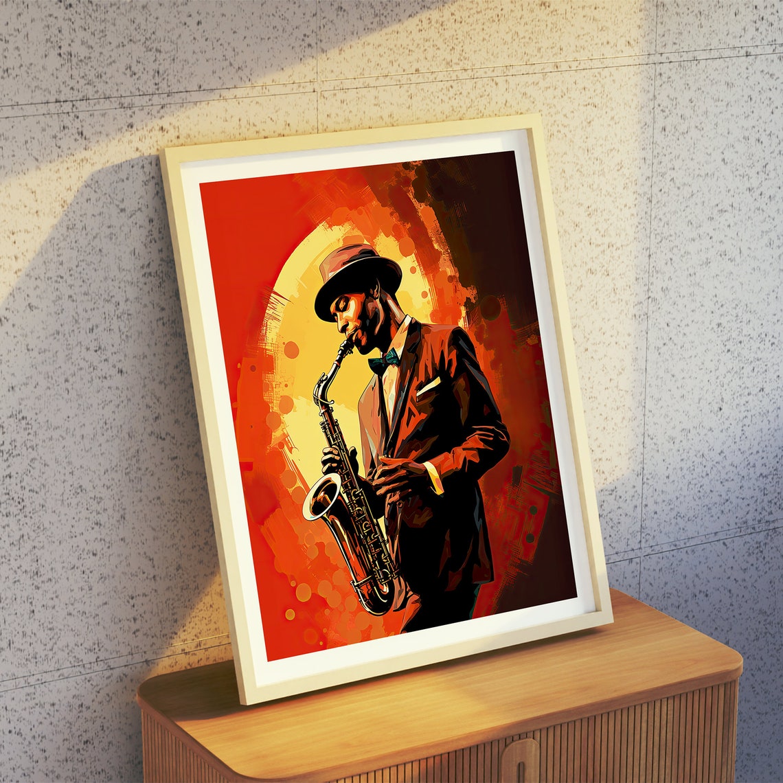 Jazz Saxophonist Hat Bow Tie Fiery Orange Stylized Art Poster - Image 4