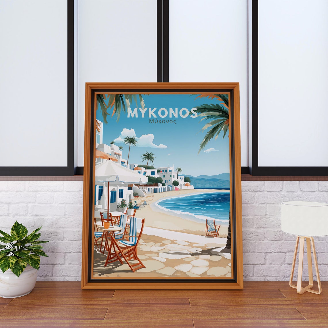 Mykonos Greece Beach Cafes Palms White Buildings Summer Poster - Image 3
