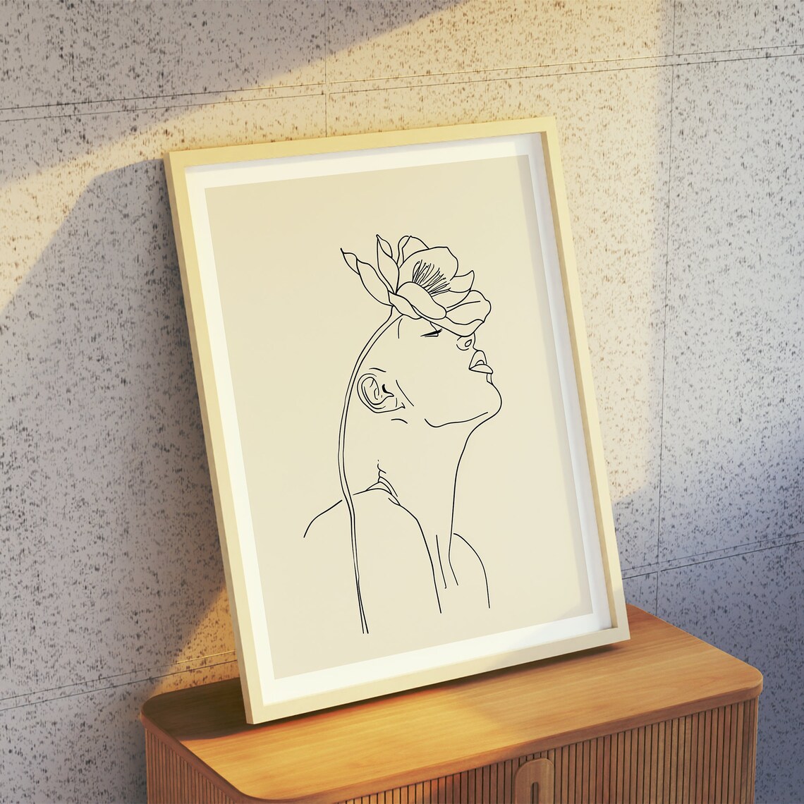 Elegant Line Art Woman with Magnolia Flower Beige Art Poster - Image 3