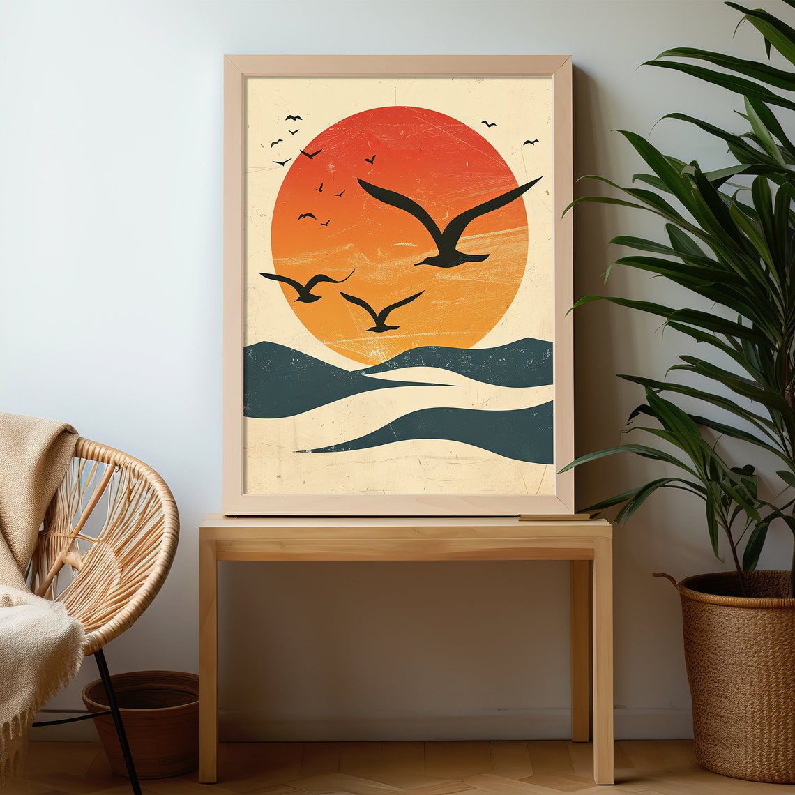 Seagulls Flying Over Big Red Sun Waves Vintage Coastal Art Poster - Image 2