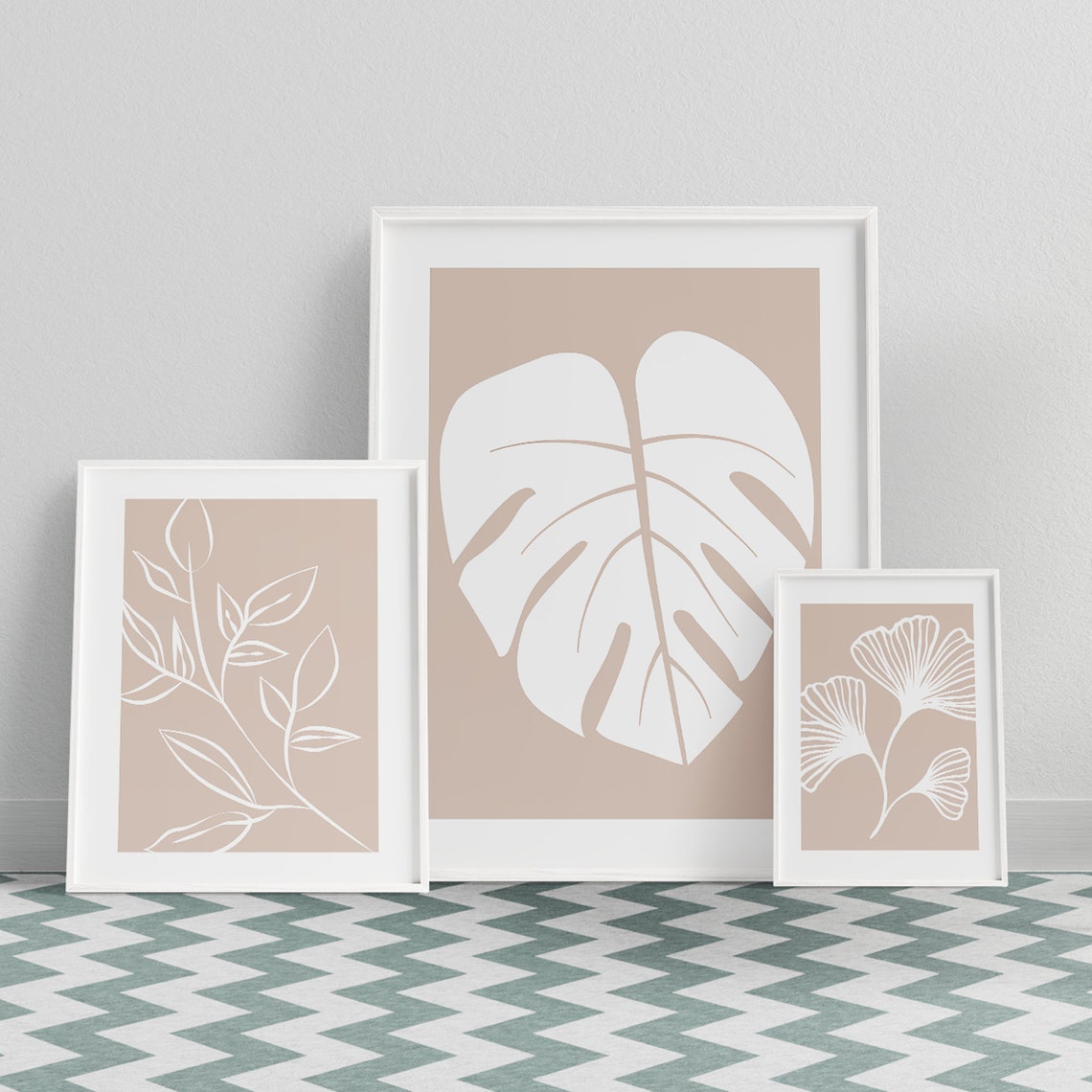 Set Of 3 Beige Botanical Line Art Leaves Monstera Ginkgo Poster - Image 6