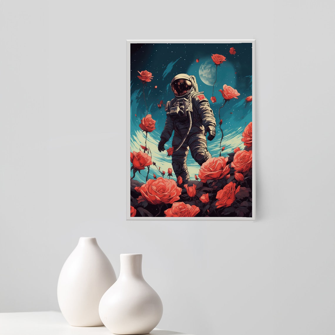 Astronaut Walking Among Giant Red Roses Space Fantasy Art Poster - Image 5