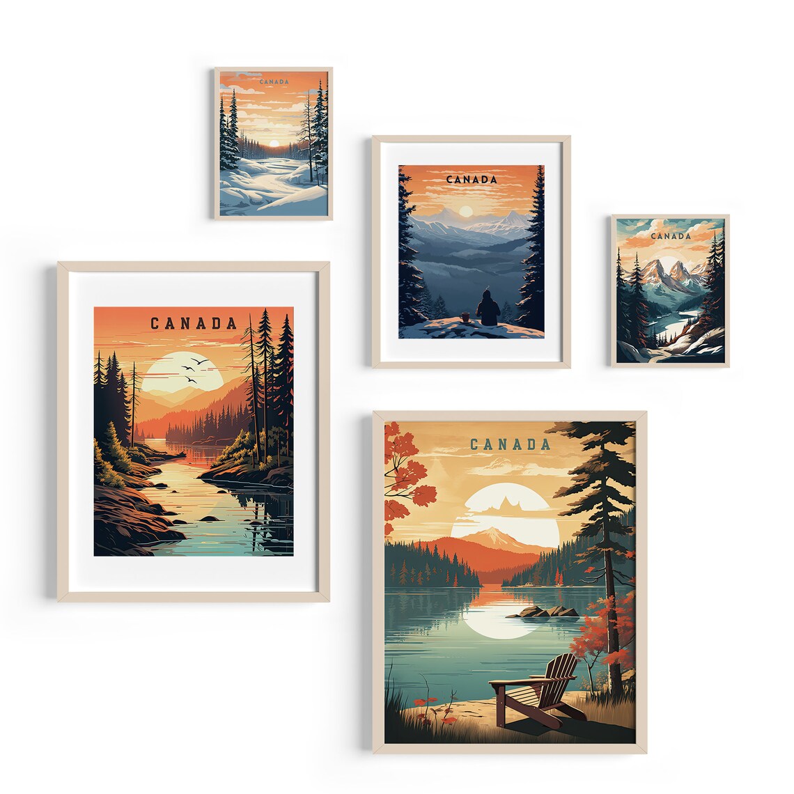 Canada Travel Poster Set of 5 Mountains Lakes Winter Scenes Art - Image 7