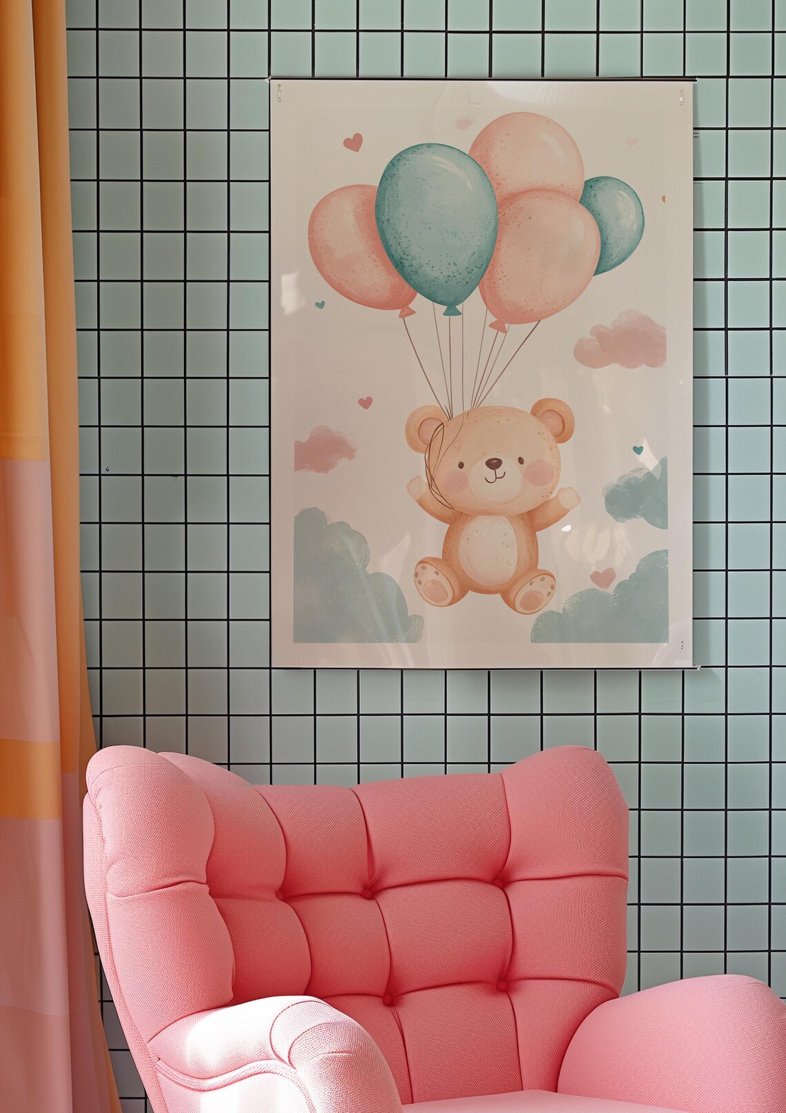 Teddy Bear Floating Pink Teal Balloons Watercolor Nursery Poster Baby Decor - Image 5