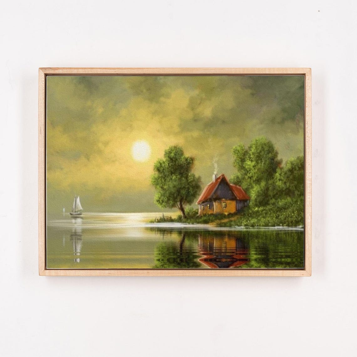 Peaceful Lakeside Cottage Sunset Reflection Sailboat Wall Art - Image 4