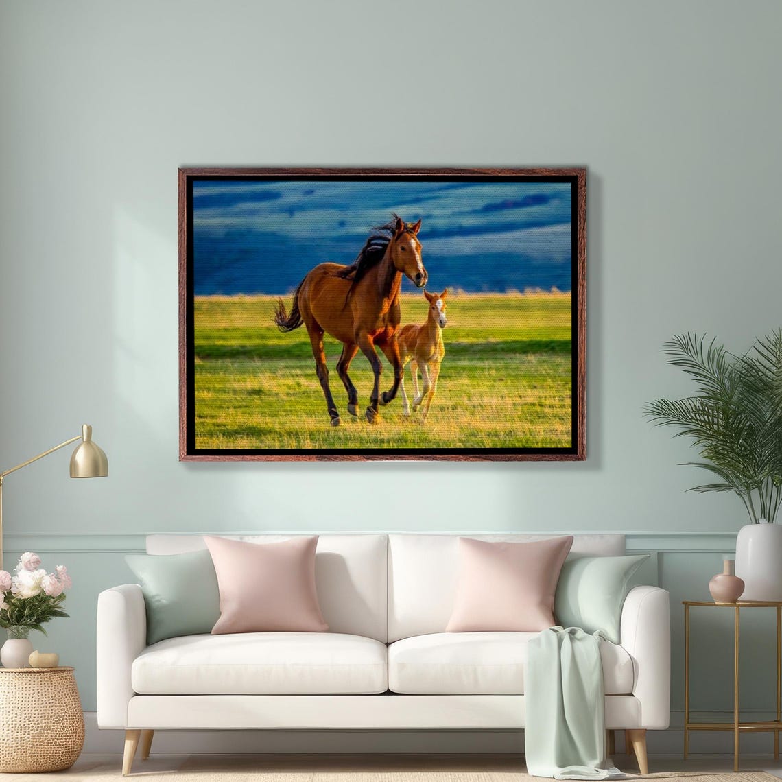 Chestnut Mare And Foal Galloping Across Sunny Green Pasture Poster