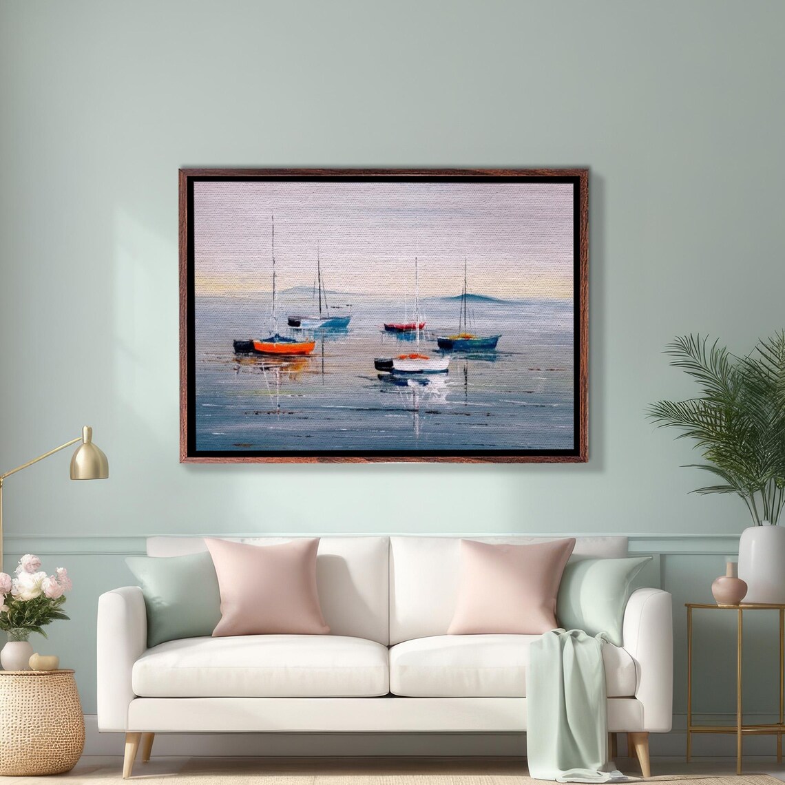 Sailboats Anchored On A Misty Calm Sea Oil Painting Art Poster