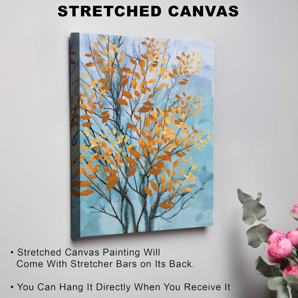 Golden Orange Autumn Leaves Tree on Pale Blue Sky Canvas Poster - Image 3