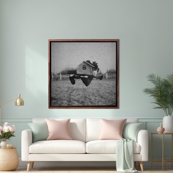 Levitating Woman In Black Dress Before Farmhouse Vintage Photo Poster