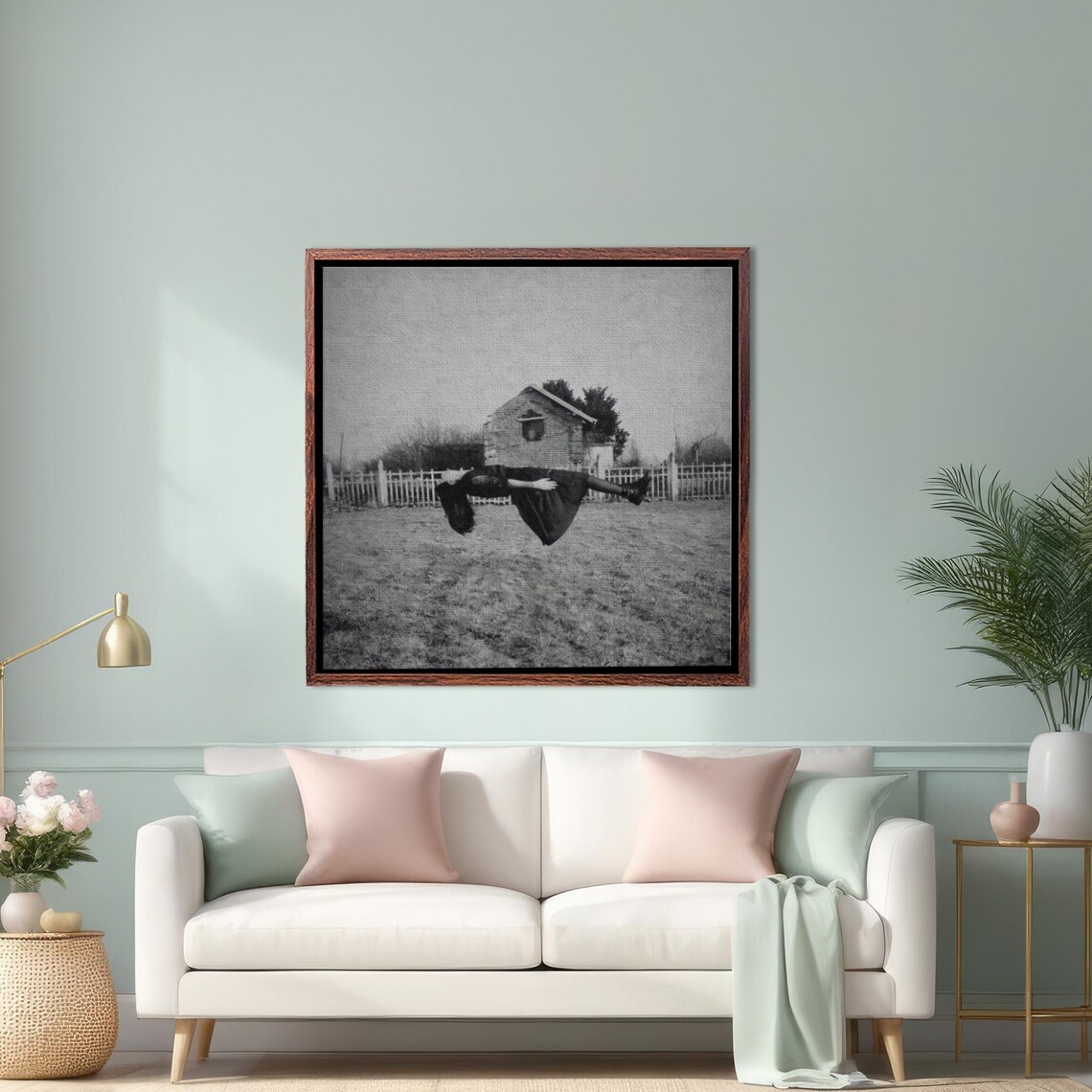 Levitating Woman In Black Dress Before Farmhouse Vintage Photo Poster
