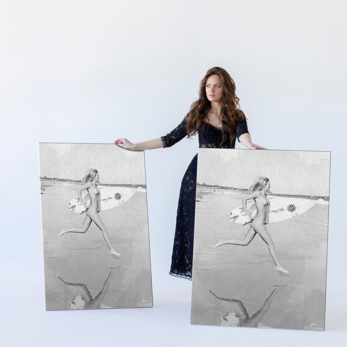 Black and White Surfer Girl Running on the Beach with Board Poster - Image 5