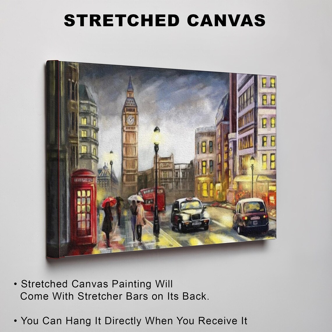Nighttime London Street with Big Ben Red Bus and Phone Booth Poster - Image 3