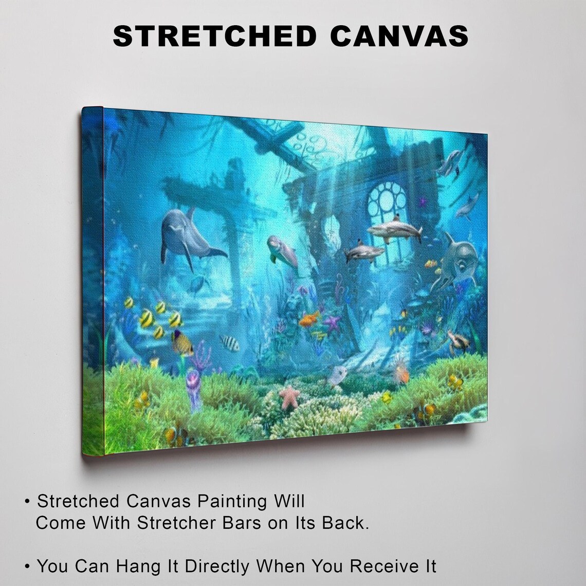 Dolphins Swimming Through Sunken Ancient Ruins Painting Poster - Image 3