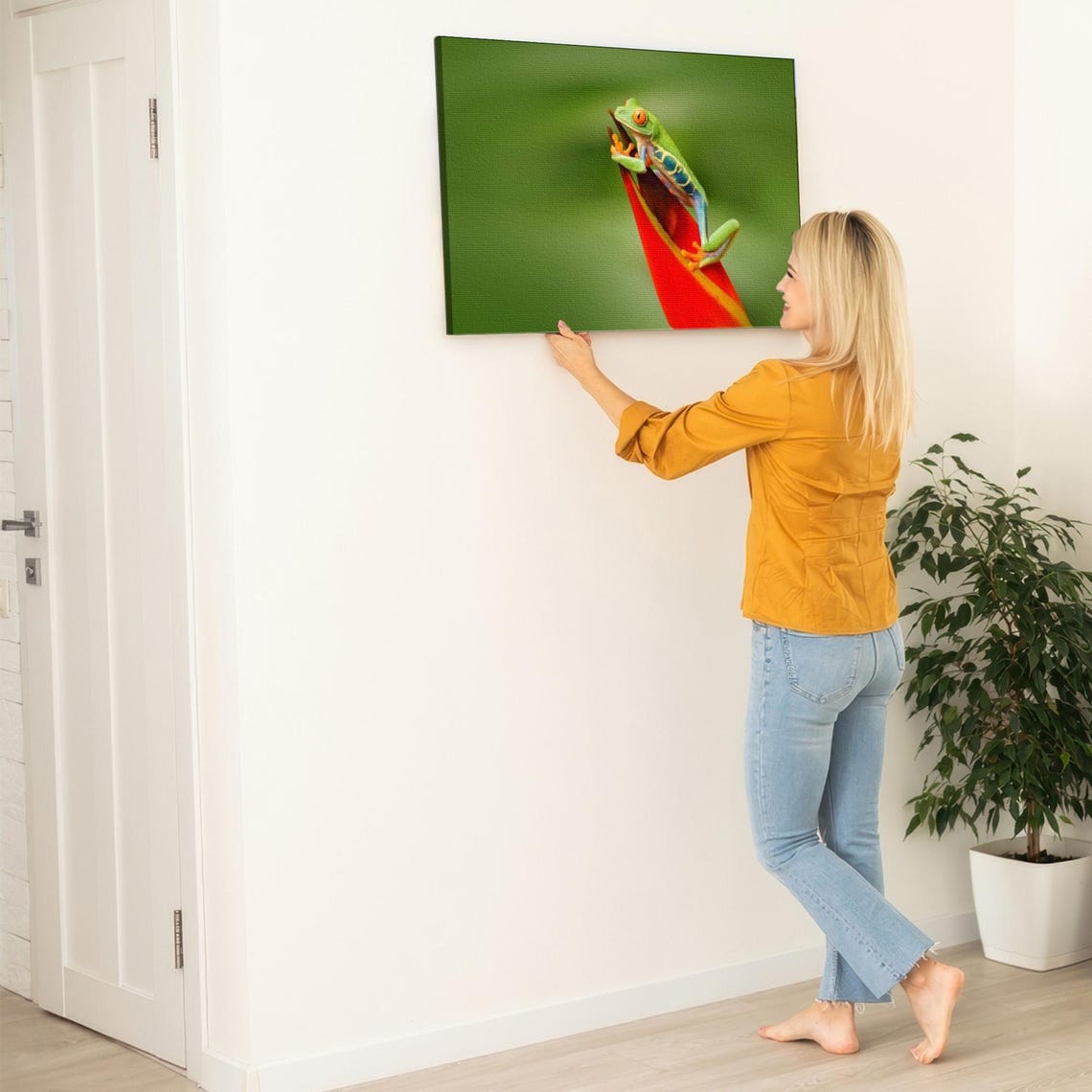 Red Eyed Tree Frog Resting On A Bright Tropical Red Flower Poster - Image 5