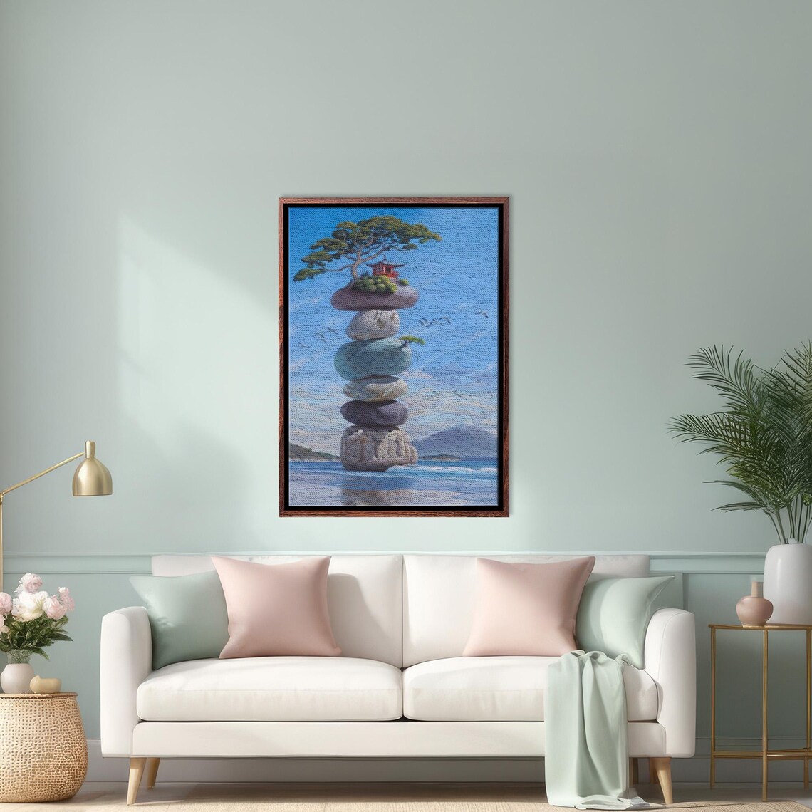 Surreal Stacked Zen Stones Tower with Pagoda by the Sea Poster