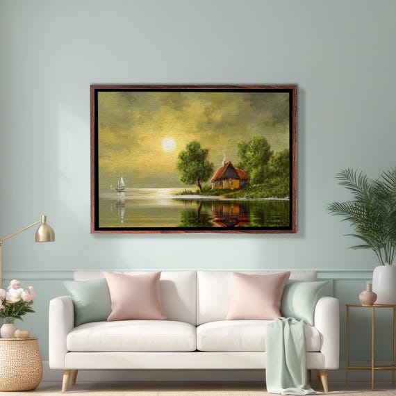 Cottage By The Lake Oil Painting Style Decorative Wall Art Nature Wall Decor Nature Decor Nature Wall Decor