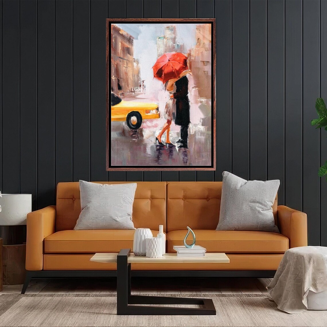Reuniting Lovers Under Red Umbrella In Rainy City Street Art Poster - Image 2