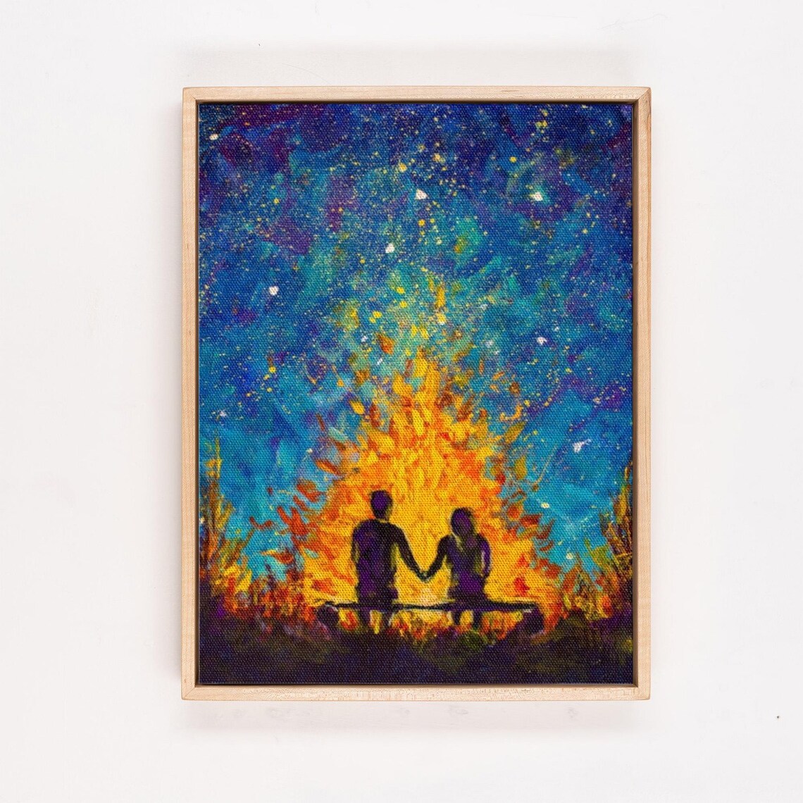 Couple Silhouette By Bonfire Under Starry Night Sky Painting Poster - Image 4