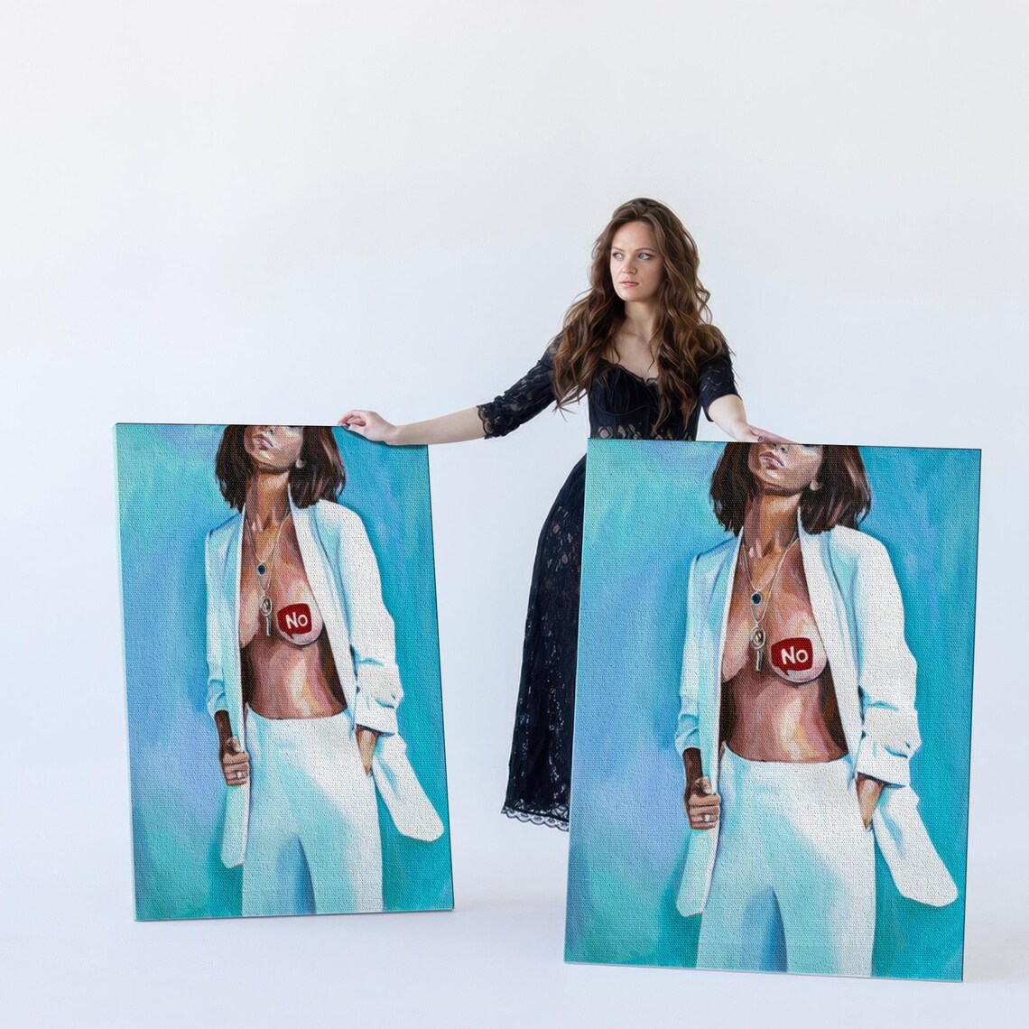 Woman In White Blazer With No Text Oil Painting Style Poster - Image 5