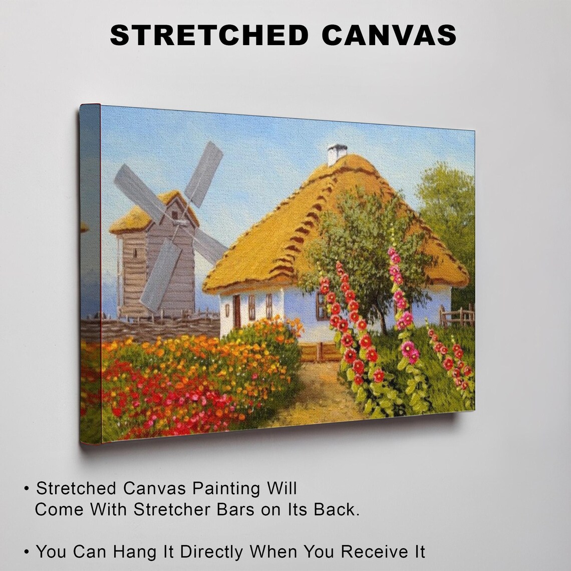 Thatched Cottage Old Windmill Hollyhock Garden Country Poster - Image 3