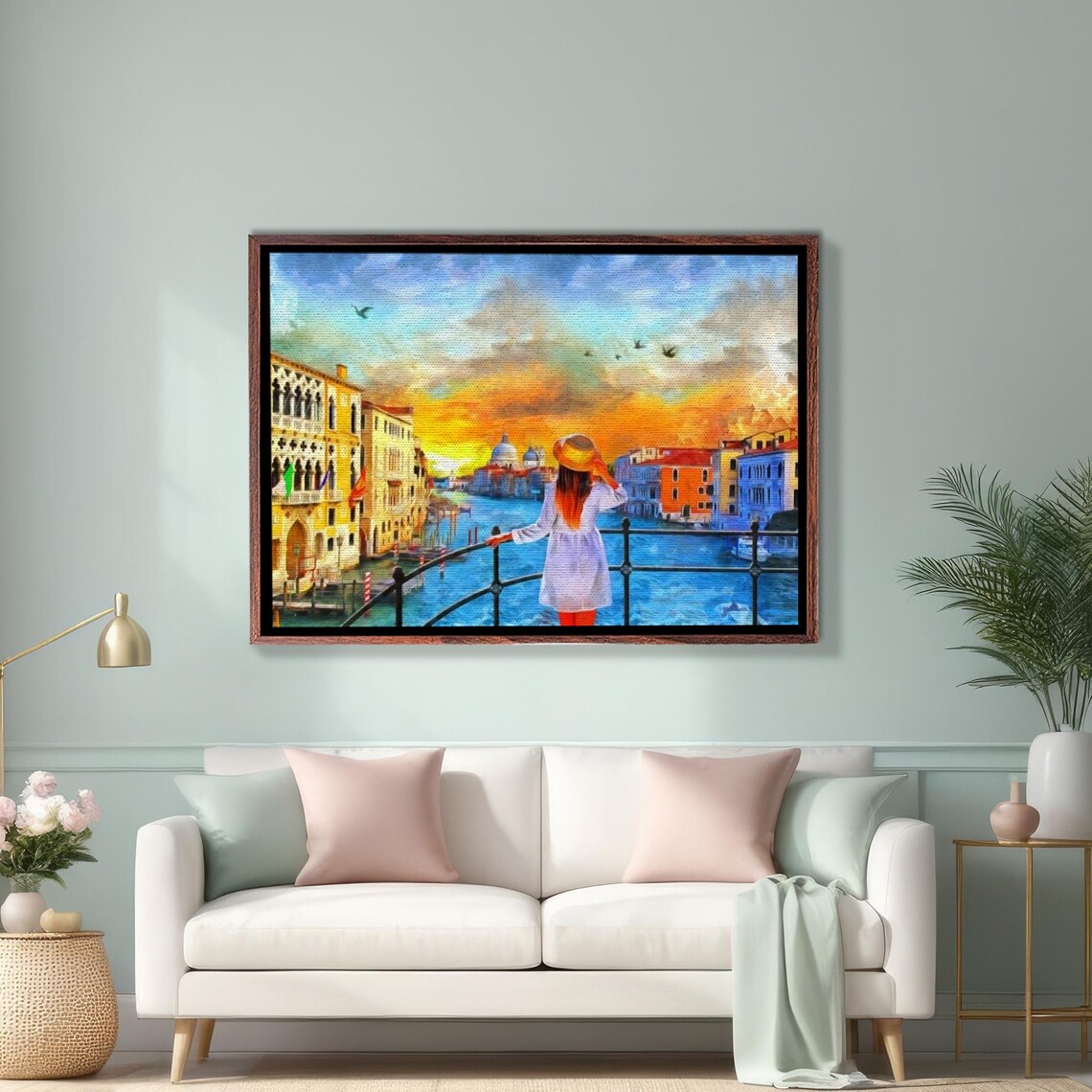 Girl in White Dress Watching Venice Grand Canal Sunset Art Poster