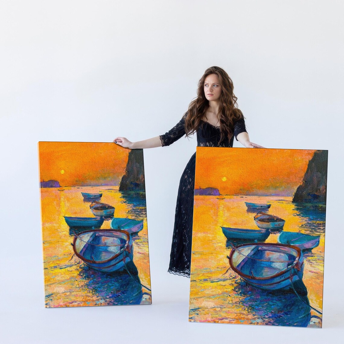 Fishing Boats On Shore At Golden Sunset By The Sea Oil Painting Poster - Image 5