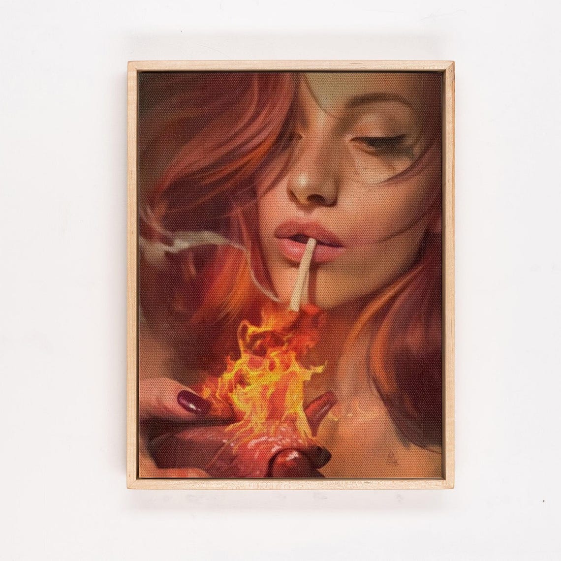 Red Haired Woman Lighting a Cigarette from a Flaming Heart Poster - Image 4